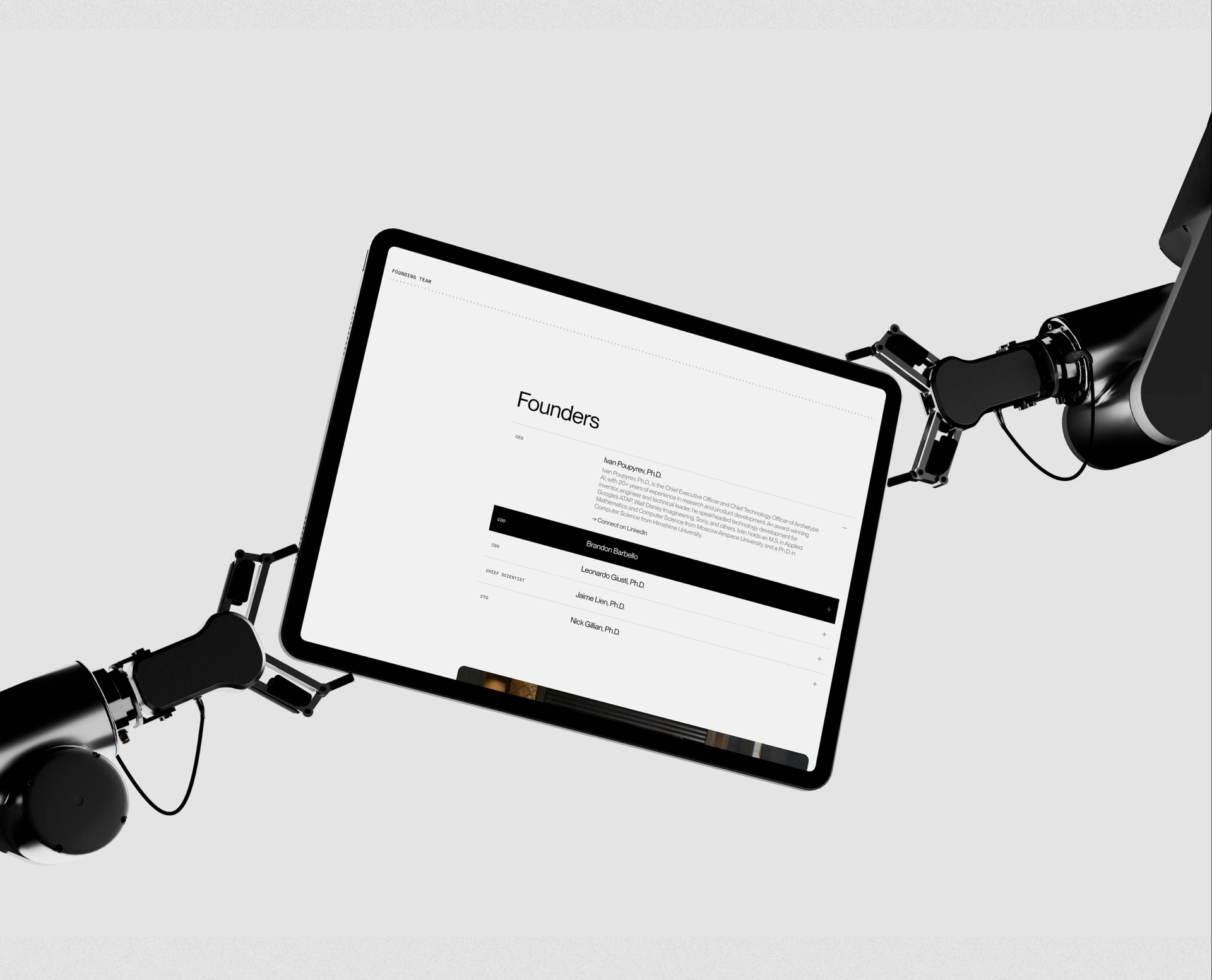 Archetype founders page on a tablet in robot arms