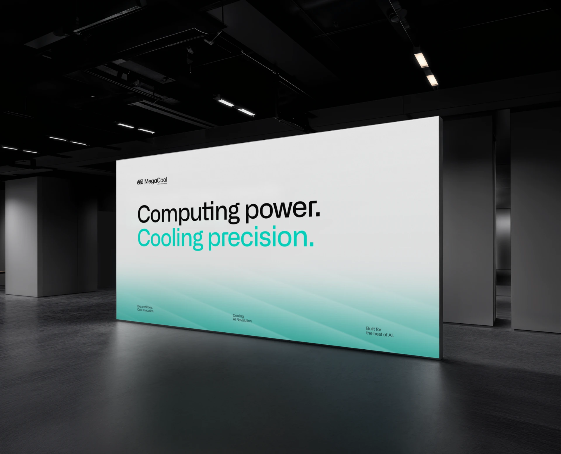 Computing power. Cooling precision. on a lit wall in an empty hall